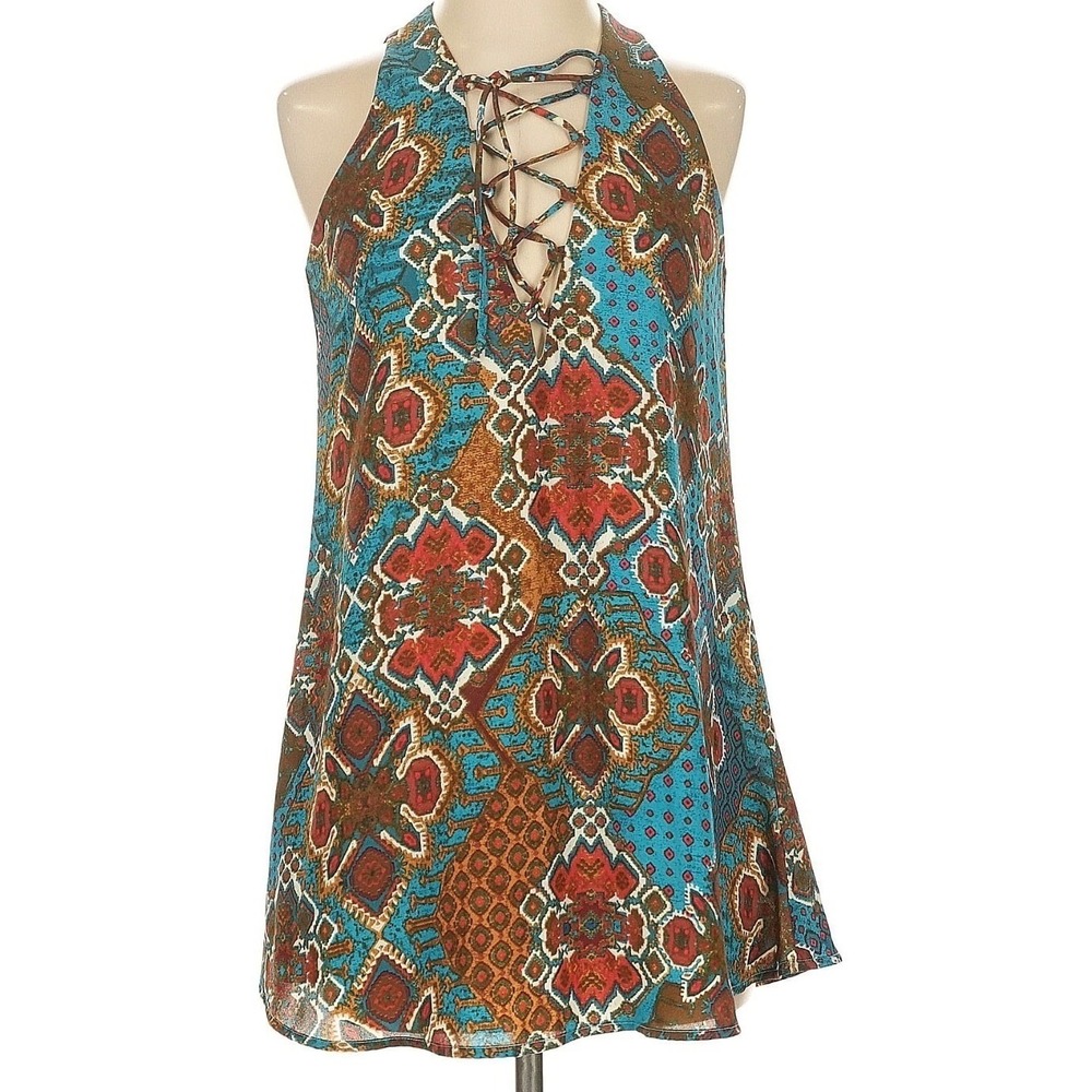 Show Me Your Mumu Turquoise Boho Medallion Lace Up‎ Mini Dress XS - Picture 2 of 8